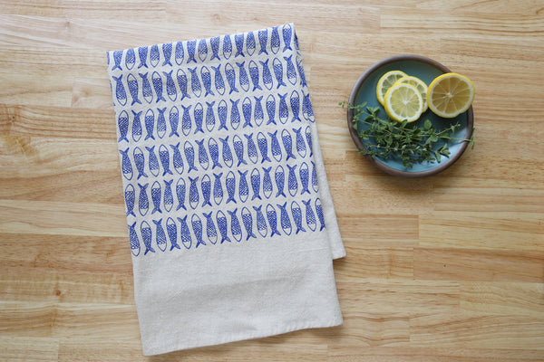Fish Kitchen Towel, Handprinted Tea Towel