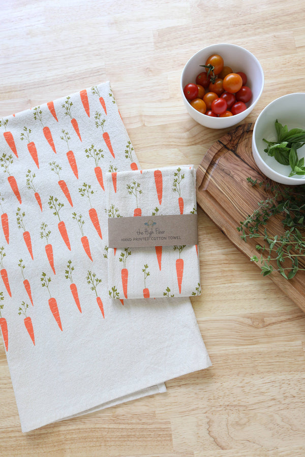 Handprinted Carrot Kitchen Towel, Garden Tea Towel