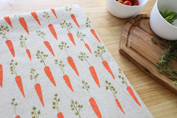 Handprinted Carrot Kitchen Towel, Garden Tea Towel