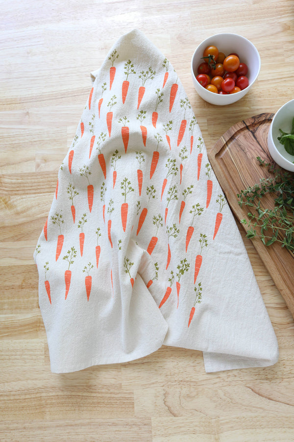 Handprinted Carrot Kitchen Towel, Garden Tea Towel