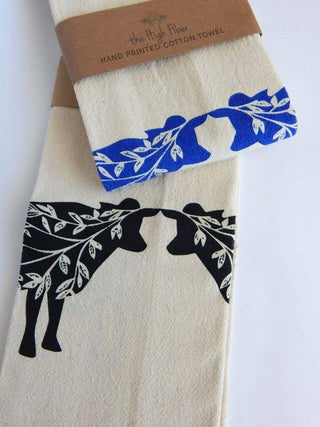 Cow Tea Towel, Handprinted Kitchen Towel, Farmhouse Style: Black on Natural