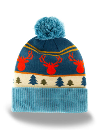 Reindeer Knit Beanie Winter Hat with Pom Pom Forest Tree Pattern Outdoor Style