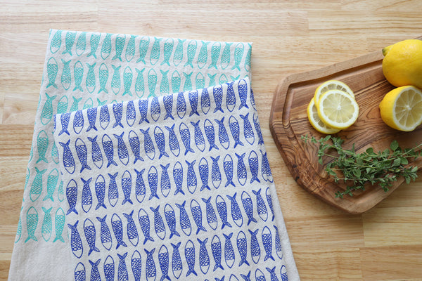 Fish Kitchen Towel, Handprinted Tea Towel
