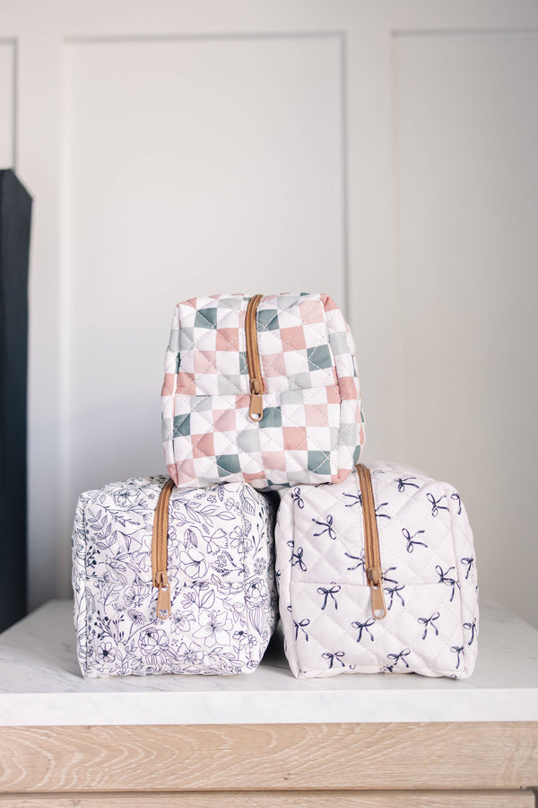 Quilted Makeup Bag for Women | Self Standing Toiletry Organizer Pouch | Large Collapsible Travel Bag | Cute Gift for Her: 7 white hydrangea