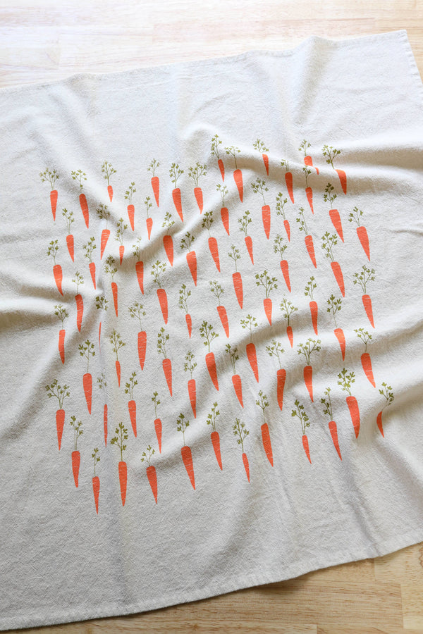 Handprinted Carrot Kitchen Towel, Garden Tea Towel