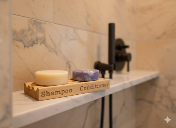 6" Shampoo & Conditioner natural wood soap dish