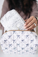 Quilted Makeup Bag for Women | Self Standing Toiletry Organizer Pouch | Large Collapsible Travel Bag | Cute Gift for Her: 7 white hydrangea