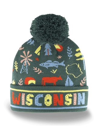 Wisconsin State Knit Beanie Winter Hat with Pom Pom: Emerald Green