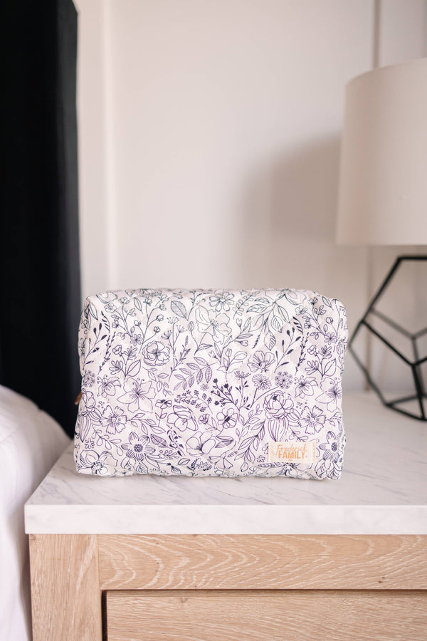 Quilted Makeup Bag for Women | Self Standing Toiletry Organizer Pouch | Large Collapsible Travel Bag | Cute Gift for Her: 7 white hydrangea