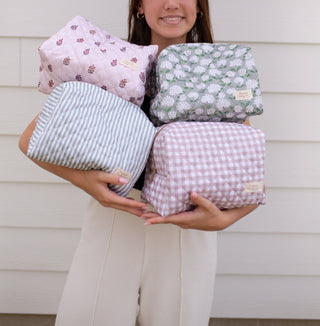 Quilted Makeup Bag for Women | Self Standing Toiletry Organizer Pouch | Large Collapsible Travel Bag | Cute Gift for Her: 7 white hydrangea