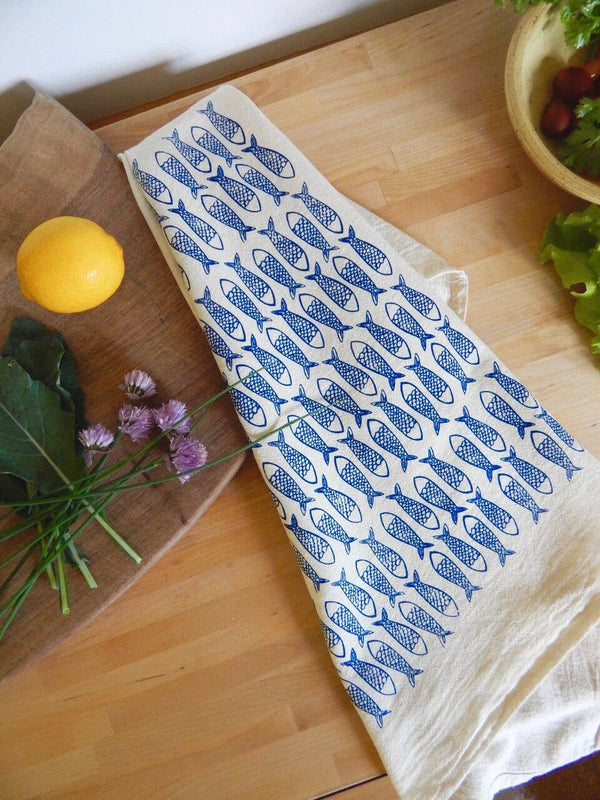 Fish Kitchen Towel, Handprinted Tea Towel