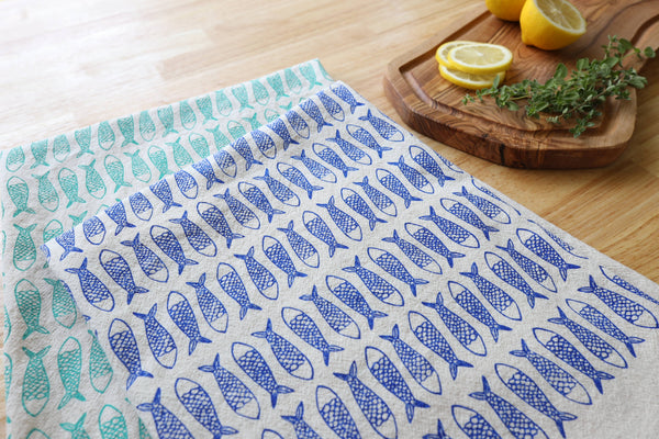 Fish Kitchen Towel, Handprinted Tea Towel