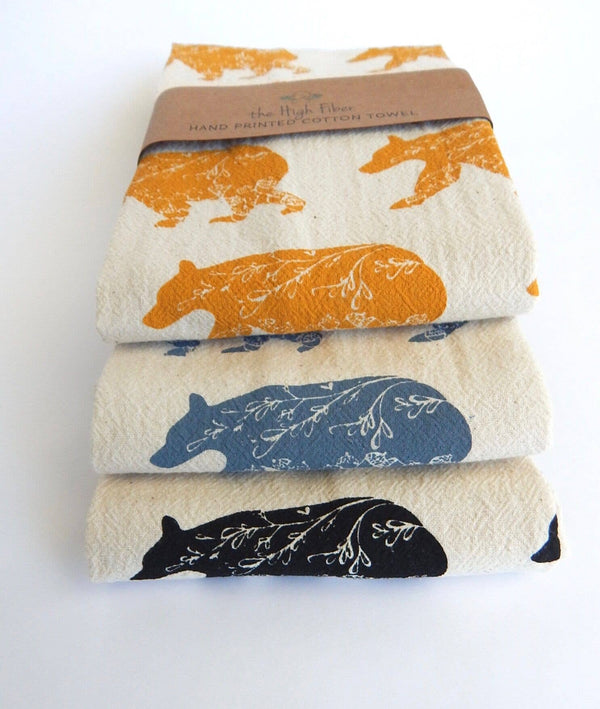 Bear Kitchen Towel, Handprinted Cotton Tea Towel