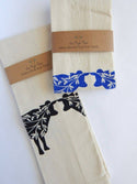 Cow Tea Towel, Handprinted Kitchen Towel, Farmhouse Style: Black on Natural
