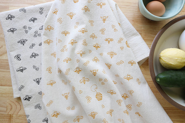 Bee Kitchen Towel, Handprinted Nature Inspired Tea Towel