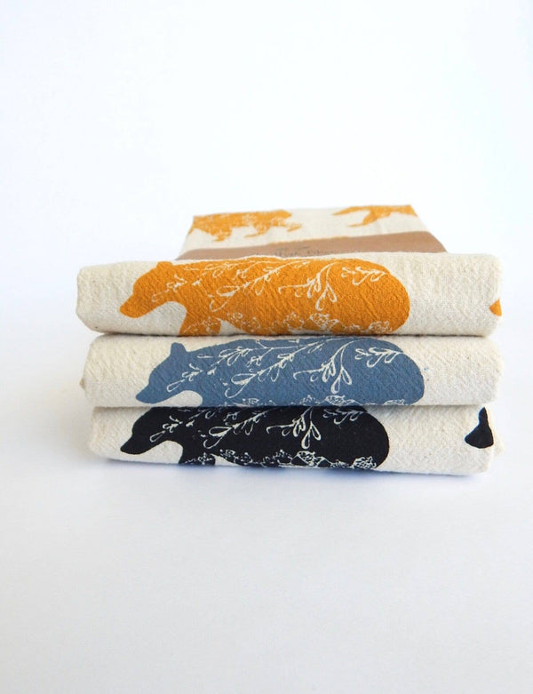 Bear Kitchen Towel, Handprinted Cotton Tea Towel