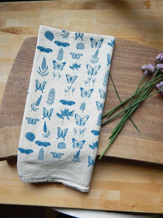 Butterfly Kitchen Towel, Handprinted Tea Towel: Blue on Natural