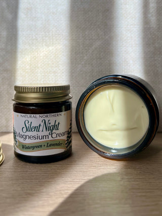 Natural Northern in Minocqua Wi's bestselling magnesium cream for restless legs in a limited edition 1oz mini jar, wintergreen and lavender blend. 