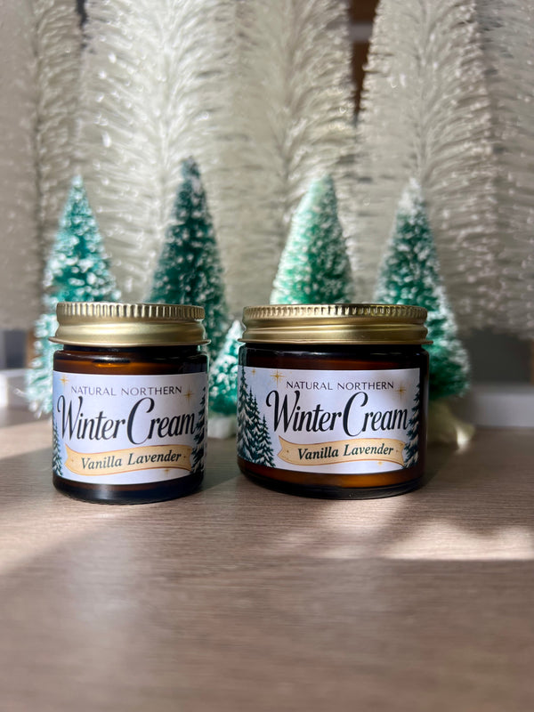 Natural Northern 1oz and 2oz glass amber jars of Winter Cream for Dry Sensitive Skin