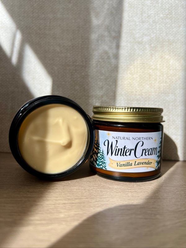 Natural Northern Minocqua WI Winter Cream for Sensitive Skin, Lavender and Vanilla  2oz glass amber jar, creamy light but rich cream for face and body