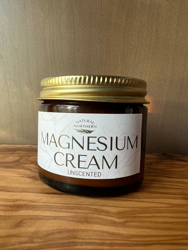 Jar of  magnesium cream on a wooden surface