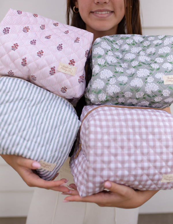 Quilted Makeup Bag for Women | Self Standing Toiletry Organizer Pouch | Large Collapsible Travel Bag | Cute Gift for Her: 7 white hydrangea