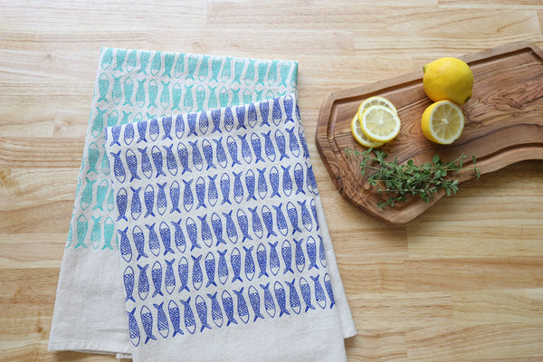 Fish Kitchen Towel, Handprinted Tea Towel
