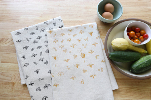 Bee Kitchen Towel, Handprinted Nature Inspired Tea Towel