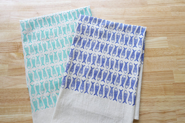 Fish Kitchen Towel, Handprinted Tea Towel
