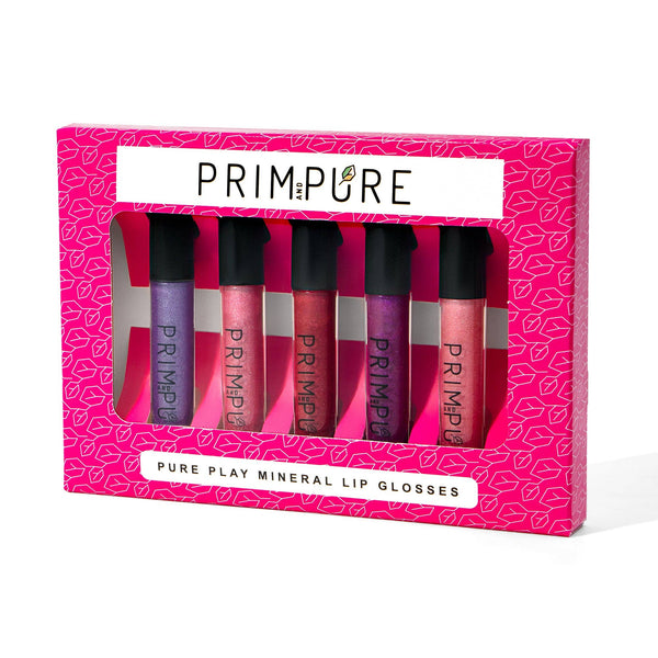 Pure Vegan Lip Glosses: 5 Pack Boxed Set - Baby Pink, Strawberry Pink, Fuchsia, Red, Winter Sparkle