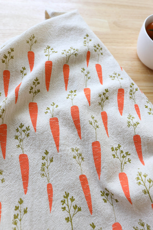 Handprinted Carrot Kitchen Towel, Garden Tea Towel