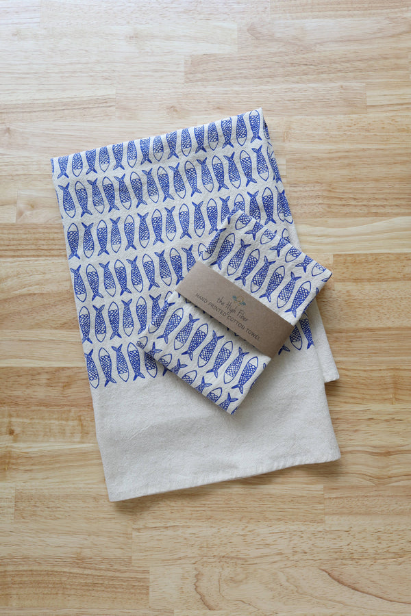 Fish Kitchen Towel, Handprinted Tea Towel