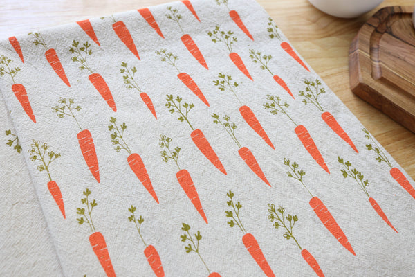 Handprinted Carrot Kitchen Towel, Garden Tea Towel