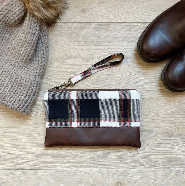 Black, white, red and green plaid flannel Wristlet